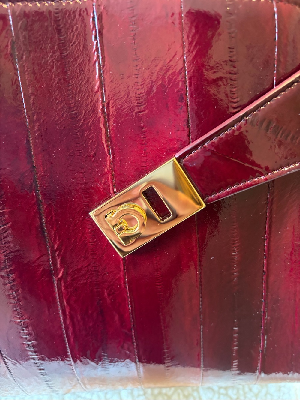 Salvatore Ferragamo Deep Burgundy Patent Shoulder Bag with Gold Hardware - Picture 2 of 14